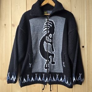Tejidos Ruminahui 100% Wool Sweater Kokopelli Design Grey Black Medium